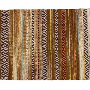 May include: A brown, beige, and blue striped rug with fringe on the ends. The rug has a geometric pattern.