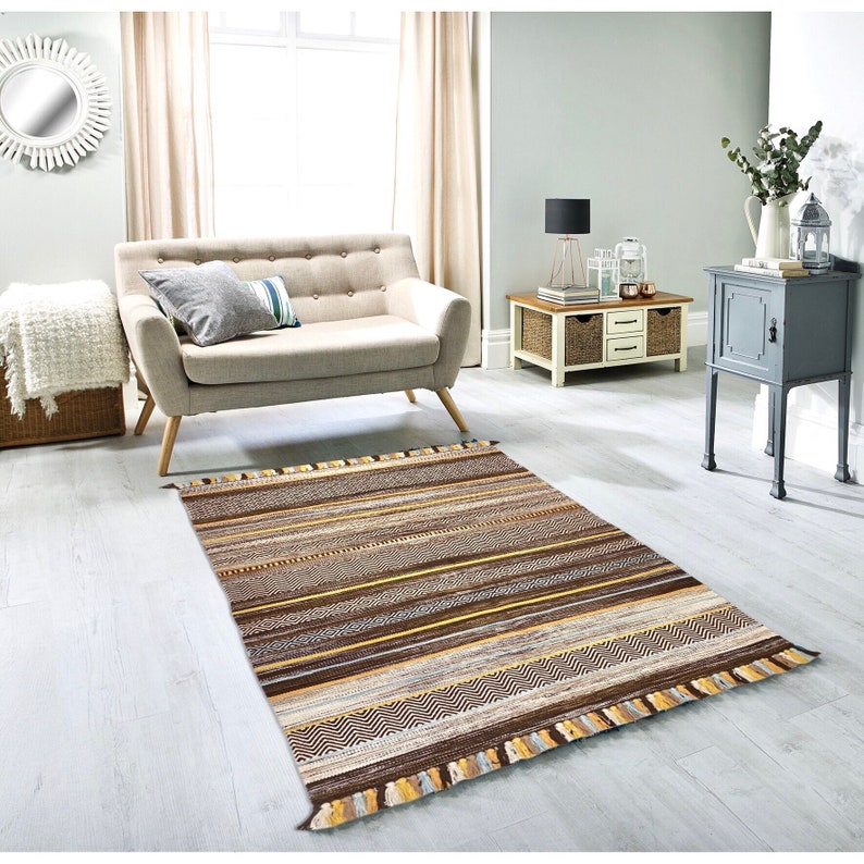 INDIAN COTTON KILIM Brown Rug New 4x6,2x3