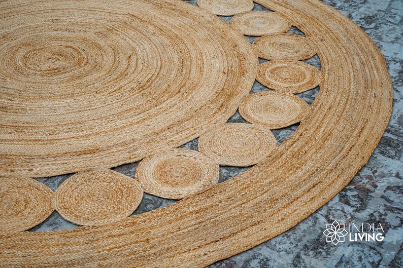 Natural Round Bohemian decor Jute Rug - Hand Braided Sustainable eco Friendly Circular placemat, boho room decorative image 7