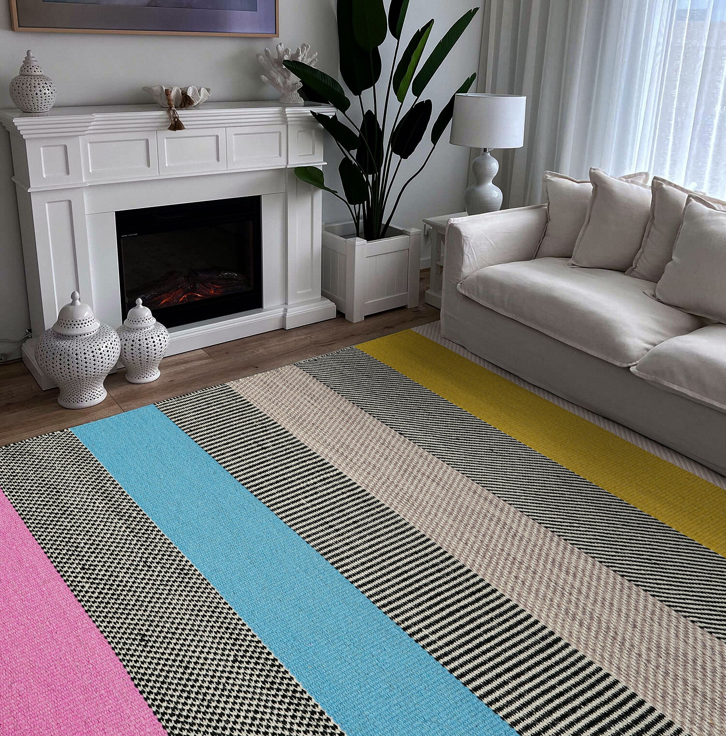 Rainbow Striped Colourful Modern Textured Wool Kilim Rug, Abstract ...