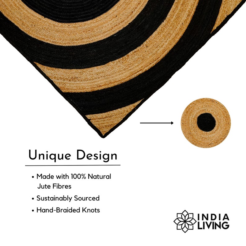May include: A black and natural jute rug with a unique circular pattern. The rug is made with 100% natural jute fibers, sustainably sourced and hand-braided. The rug is made by India Living.