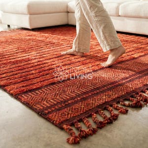 Red Boho Striped Kilim Rug : Handwoven Geometric Grid Style Moroccan Decor