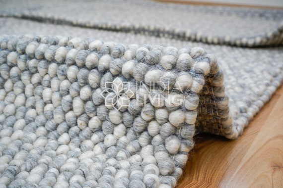 Light Grey Chunky Ball Looped Wool Rug : Handwoven Cozy Scandinavian Neutral Tone Decor, Customisable