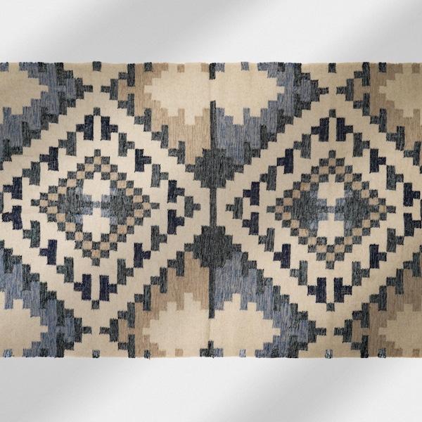 Beige Blue Abstract Wool Kilim Rug - Geometric rug - Custom made