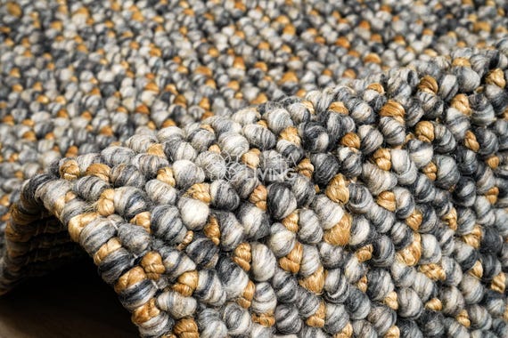 Grey Blend Chunky Pebble Wool Jute Rug : Handwoven Scandinavian Neutral Tone Thick Pile Decor