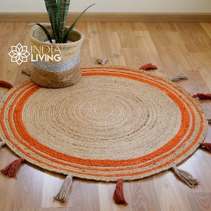 Orange Braided Natural Jute Mat with tassels - Sustainable Round Rug for Living Room, Bedroom and Entryway - Handcrafted Rustic