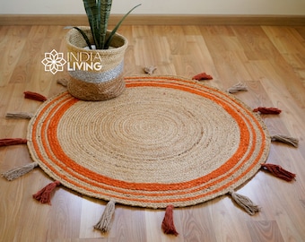 Orange Braided Natural Jute Mat with tassels - Sustainable Round Rug for Living Room, Bedroom and Entryway - Handcrafted Rustic
