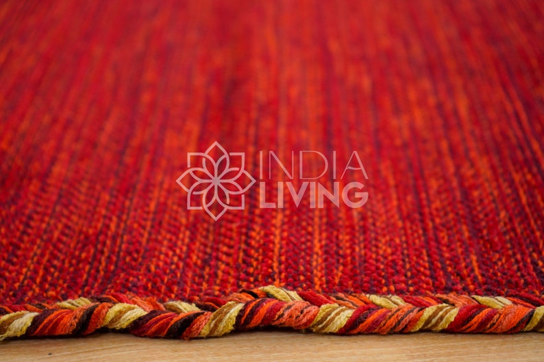 Alfombra Kilim roja, alfombra de salón étnica marroquí hecha a mano artística india con cojines, corredor de pasillo, alfombra decorativa Boho imagen 7