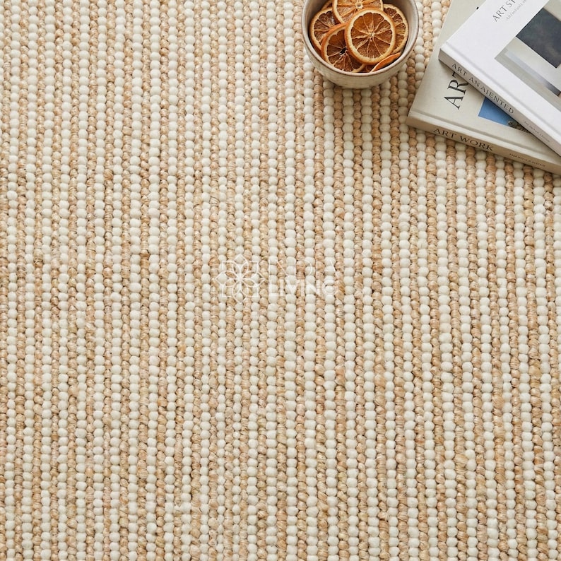 Natural Ivory Stripe Ribbed Chunky Wool Jute Rug : Handwoven Modern Scandinavian Style decor image 2