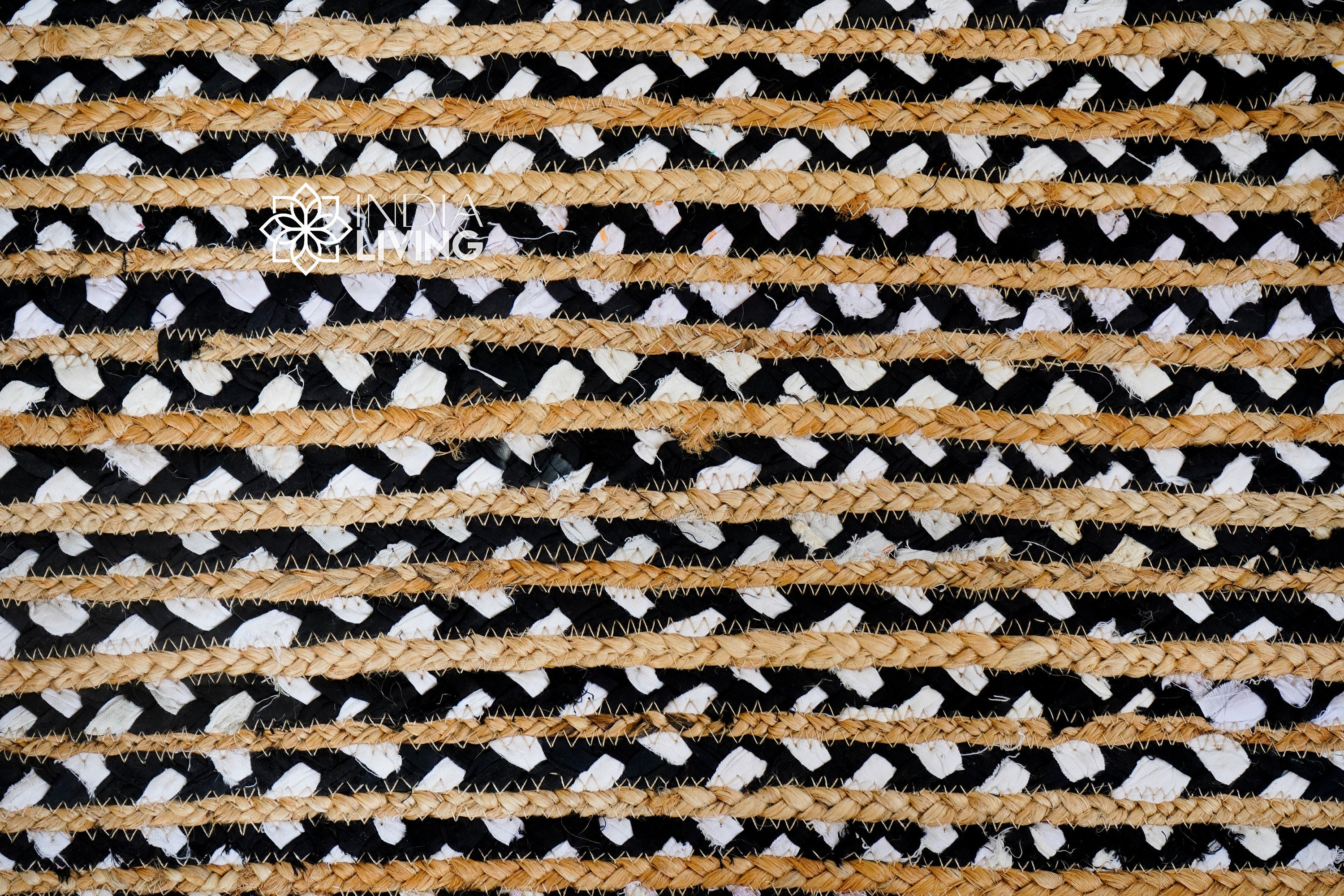 Handmade Black White Striped Jute Rag Braided Rug Eco