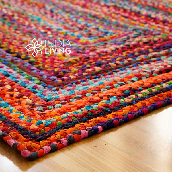 Multi Chindi Rainbow Rag Rug - Decoración casera de algodón reciclado hecha a mano para sala de estar, dormitorio / alfombra ecológica / alfombra natural / alfombra de trapo