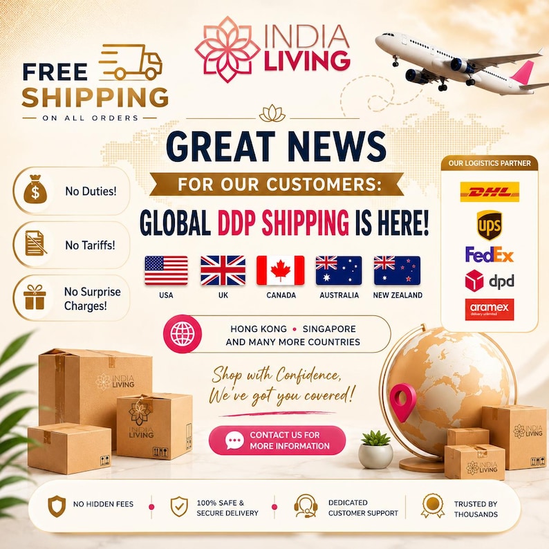 May include: An informational graphic for India Living featuring a white airplane, a globe, and cardboard shipping boxes. Text includes Great News For Our Customers: Global DDP Shipping Is Here, listing USA, UK, Canada, Australia, and New Zealand.