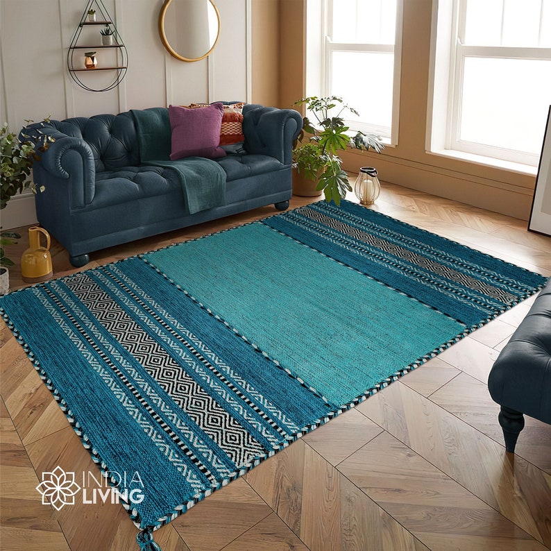 Teal Blue Kilim Rug, Indian Handmade, Vintage, Aesthetic Room Decor, Moroccan, Trending, Living Room Carpet, Hallway Runner, Aqua Blue Rug zdjęcie 3