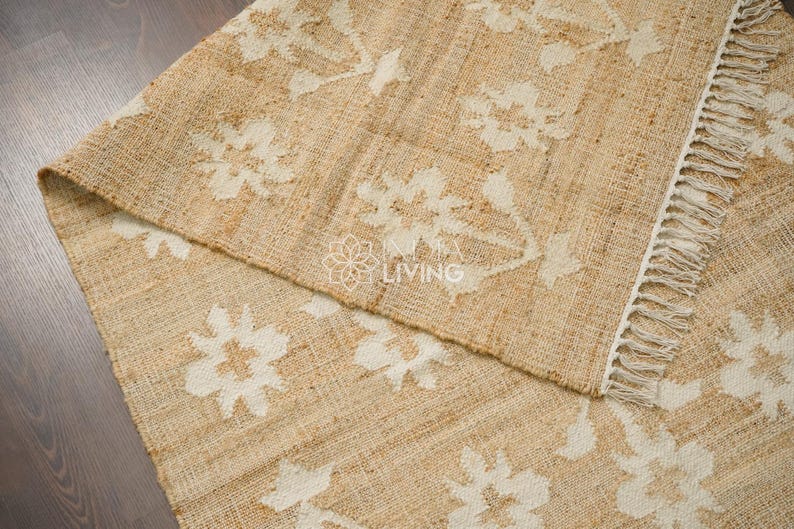Natural Floral Jute Rug, Contemporary Boho Decor, Flower Pattern, Eco-Friendly Flat Weave image 11