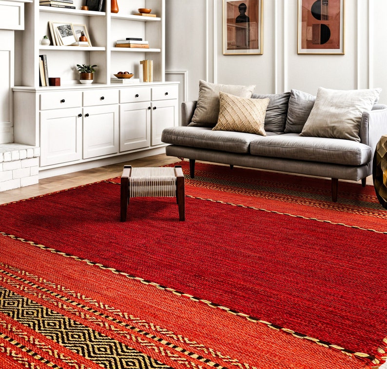 Alfombra Kilim roja, alfombra de salón étnica marroquí hecha a mano artística india con cojines, corredor de pasillo, alfombra decorativa Boho imagen 2