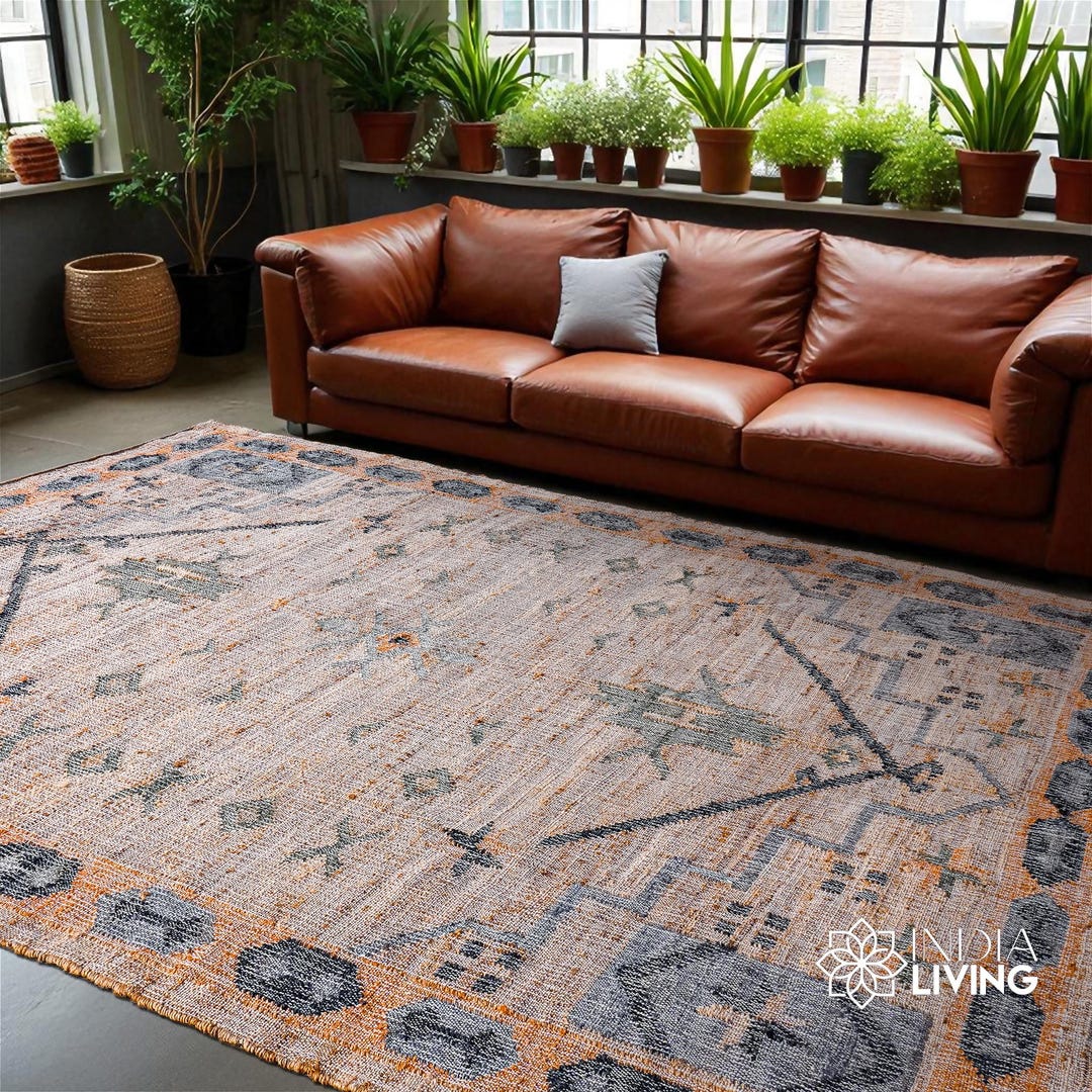 Handwoven Jute Area Rug, Light Blue Rust Bohemian Moroccan Decor ...