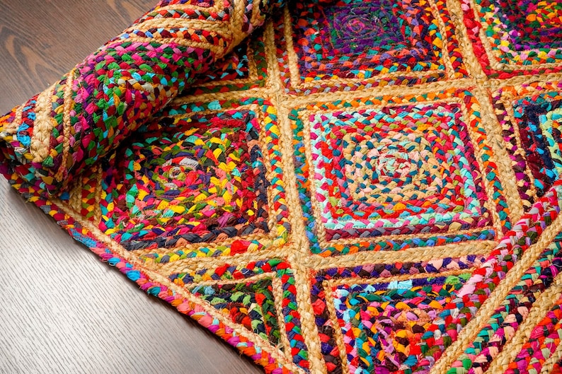 Vibrant Rag Rug Multi Diamond Chindi Jute Rag Rug, Handcrafted Sustainable Home Decor ...