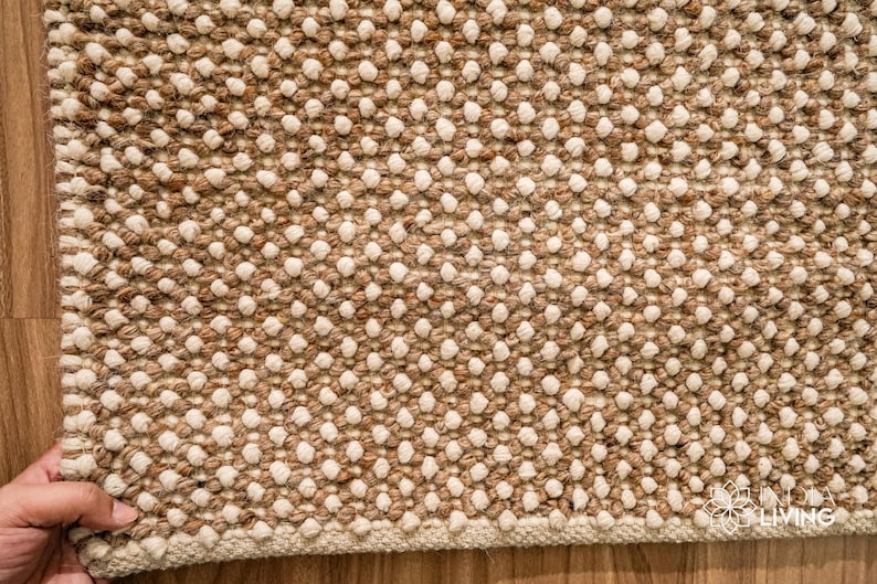Bumpy Wool Rug Beige White Chunky Looped Wool Rug - Scandinavian Hand Made Fluffy Soft ...