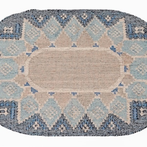 Blue Moroccan Kilim Oval Rug - Bohemian inspired Sustainable Tribal Abstract indoor outdoor Decor oval rug, Eco-friendly
