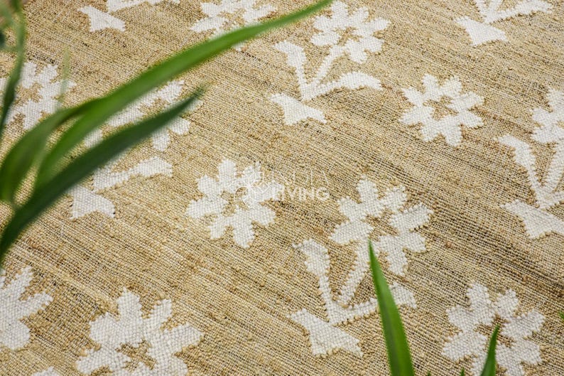 Natural Floral Jute Rug, Contemporary Boho Decor, Flower Pattern, Eco-Friendly Flat Weave image 7