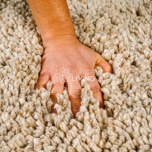 Könnte beinhalten: Ein dicker Hochflor-Shaggy-Teppich in neutralem Beige mit einer strukturierten, zotteligen Oberfläche. Der Teppich weist ein wiederkehrendes Muster aus langen, gedrehten Garnschlingen auf, die eine dichte und weiche Optik auf der gesamten Bodenfläche erzeugen.