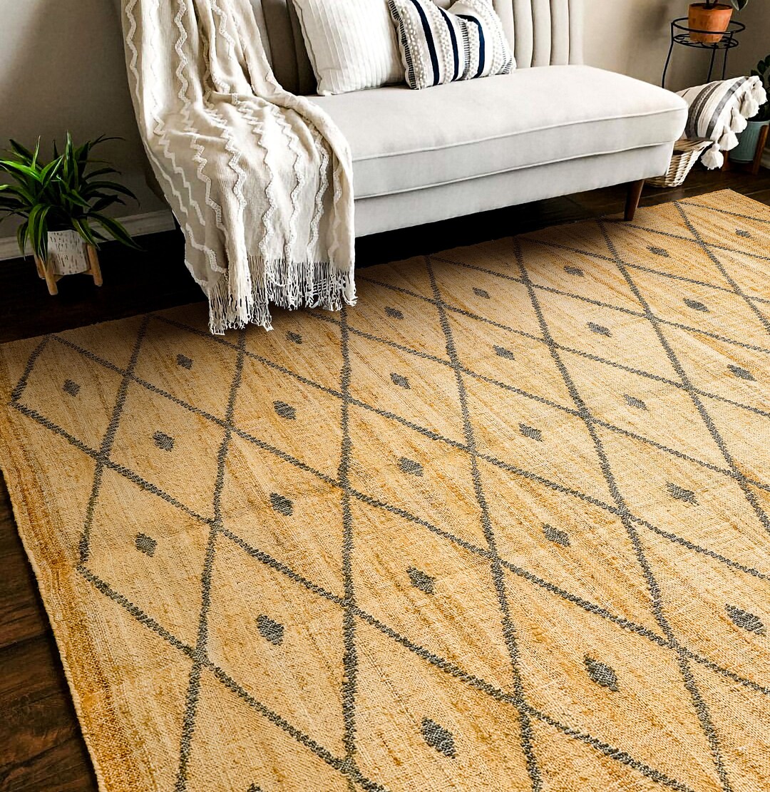 Abstract Grey Diamond Geometric Natural Jute Area Rug, Contemporary ...