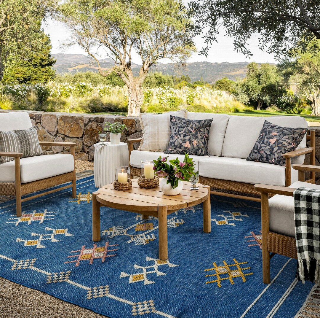 Blue Aztec Bohemian Indoor Outdoor Rug, Handwoven Sustainable Flat ...