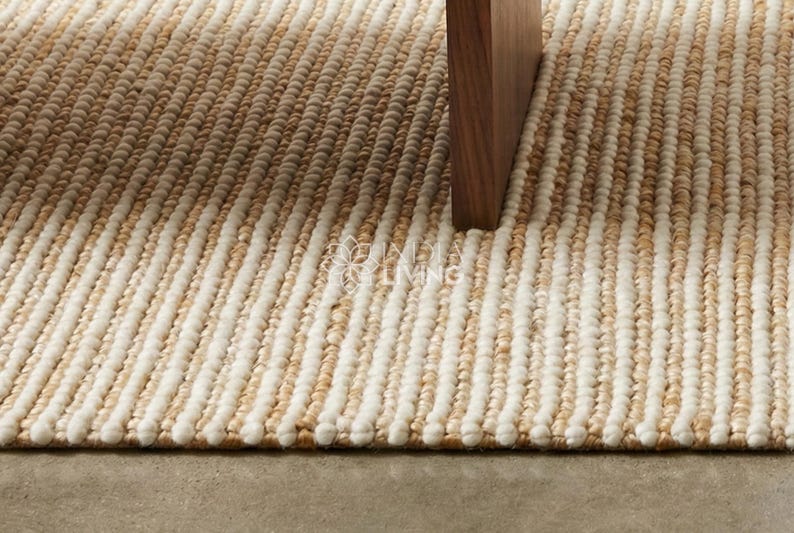 Natural Ivory Stripe Ribbed Chunky Wool Jute Rug : Handwoven Modern Scandinavian Style decor image 13