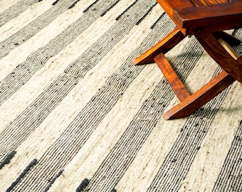 Hand Woven Modern Striped Wool Rug, Neutral Beige Scandinavian Decor, Custom Size Available