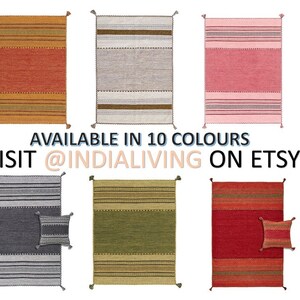 May include: Ten rectangular woven rugs with striped patterns and corner tassels, displayed in various colors including blue, orange, grey, pink, teal, tan, dark grey, green, and red. Some rugs include a matching square throw pillow.