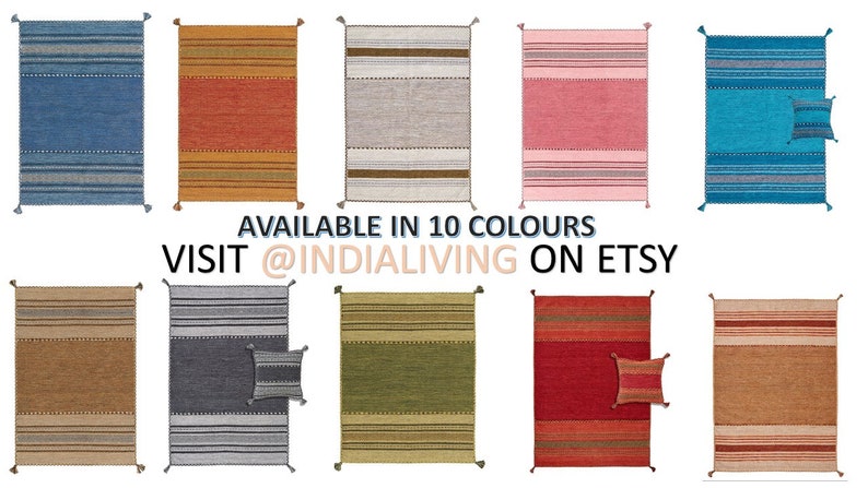 May include: Ten rectangular woven rugs with striped patterns and corner tassels, displayed in various colors including blue, orange, grey, pink, teal, tan, dark grey, green, and red. Some rugs include a matching square throw pillow.