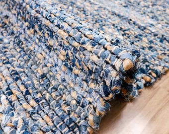 Denim Jute Rag Rug : Handwoven Recycled Flat woven Sustainable Boho decor
