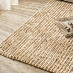 Natural Ivory Stripe Ribbed Chunky Wool Jute Rug : Handwoven Modern Scandinavian Style decor image 5
