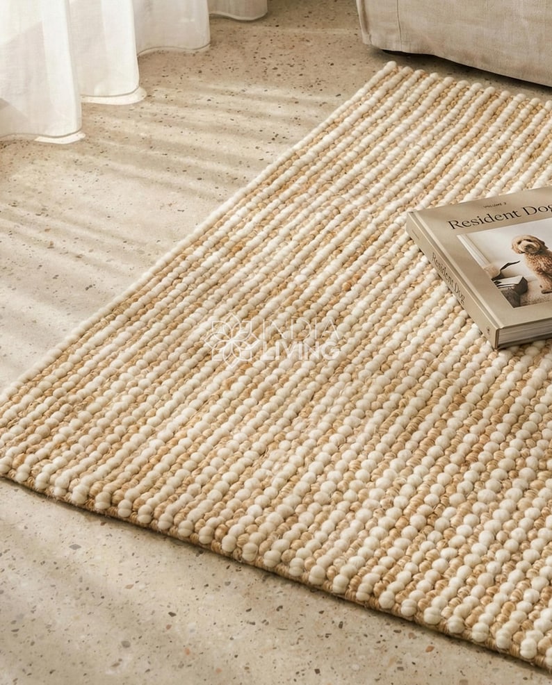 Natural Ivory Stripe Ribbed Chunky Wool Jute Rug : Handwoven Modern Scandinavian Style decor image 5