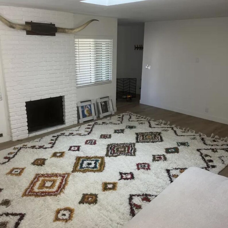 Marokkaans geïnspireerd berberwollen tapijt, boho-decortapijt voor woonkamer en slaapkamer, hoogpolig wollen tapijt voor kameresthetiek, op maat gemaakt afbeelding 9
