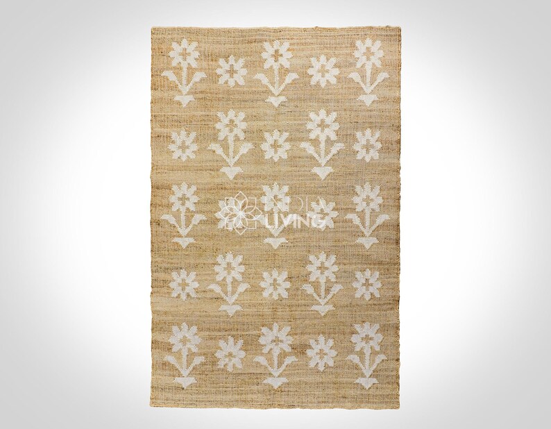 Natural Floral Jute Rug, Contemporary Boho Decor, Flower Pattern, Eco-Friendly Flat Weave image 12