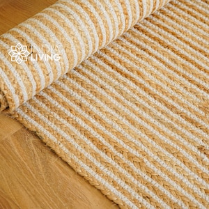 White Striped boho Jute area Rug, Hand braided Eco-Friendly Custom made jute Rug/runner, Sustainable Bohemian decor, Natural jute fibre rug