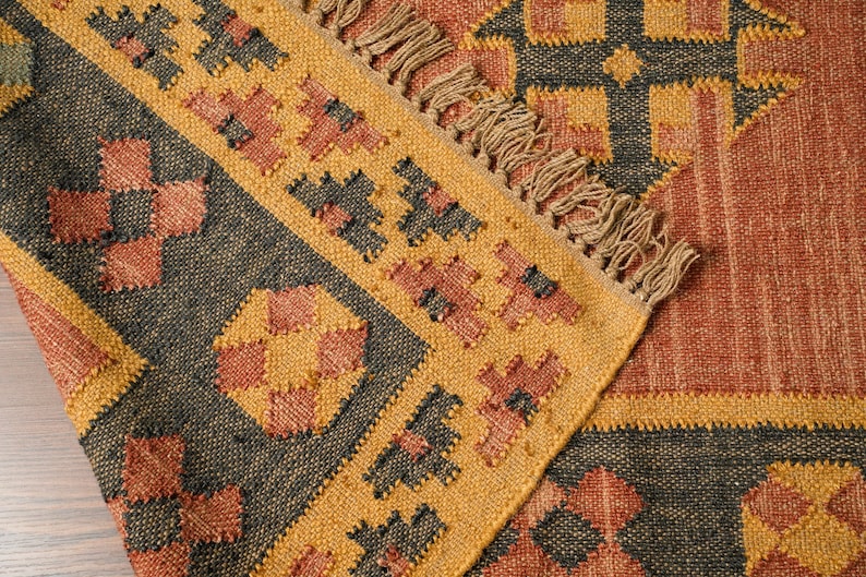 Alfombra Kilim navajo naranja, alfombra de área de yute de lana tejida a mano, decoración boho imagen 9