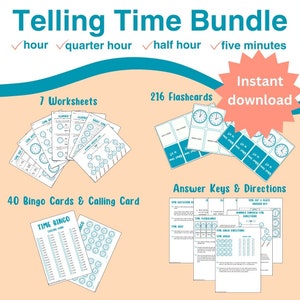 Pacchetto di fogli di lavoro per raccontare il tempo - Ora / Mezza ora / Quarto d&#39;ora / Cinque minuti / Bingo / Tempo trascorso / Flashcard / Scuola a casa