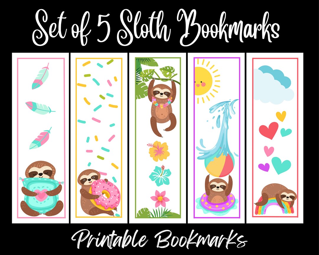 Sloth Printable Bookmarks 5 Pack Digital Download Bookmark Etsy