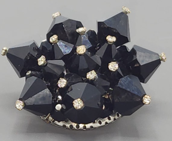 Vintage black bead & rhinestone brooch - image 2