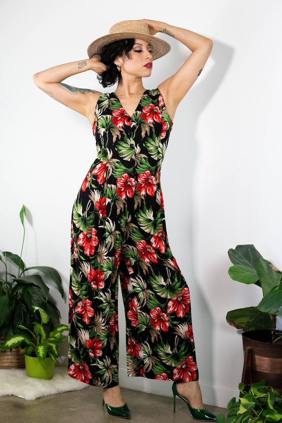 90’s Rayon Tropical Floral Print Jumpsuit