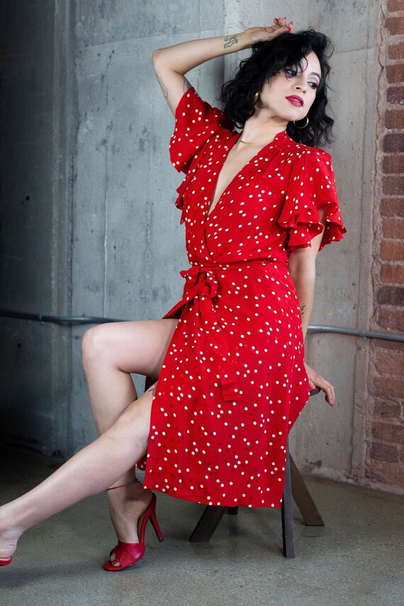 90's Red Polka Dot Silky Dress