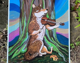 Fiddling Coyote - 11x14 Art Print