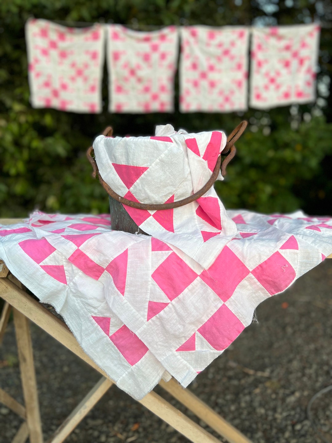 Vintage Pink and White Quilt Top Piece, Cutter Quilt Piece, Crafters