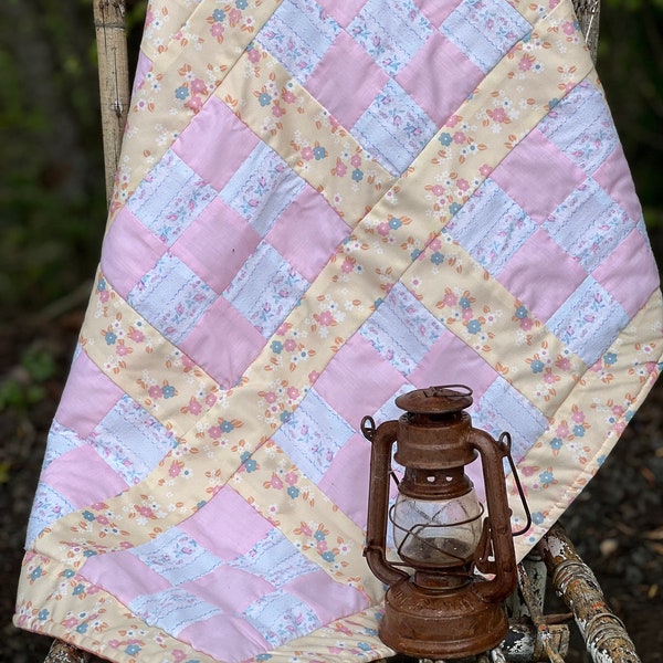Vintage Pink, Peach and Blue Patchwork Baby Quilt, Small Quilt, Lap Blanket, Handmade Quilt, Nine-Patch Baby Quilt, Lap Quilt, Floral Quilt