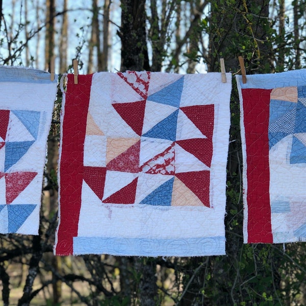 Vintage Quilt Piece, Patchwork Quilt Piece, Red and Blue Quilt Piece, Tattered Quilt Piece, Triangle Patchwork Quilt, Cutter Quilt Piece