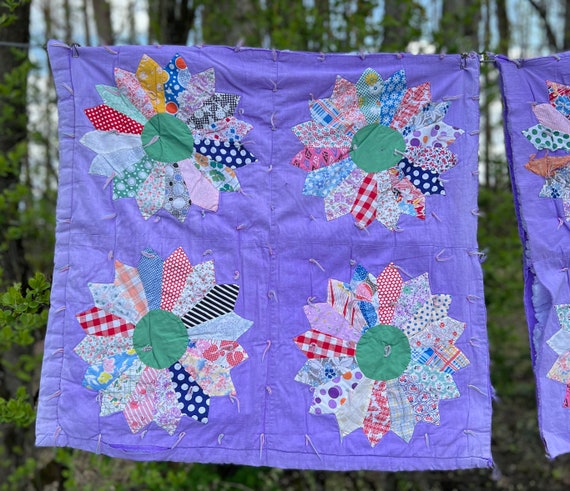 Lavender Dresden Plate Quilt Piece, Feed Sack Qui… - image 4