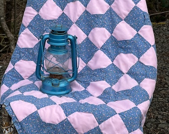 Vintage Bow Tie Quilt, Small Handmade Quilt, Bow Tie Quilt, Pink and Blue Quilt, 1980's Quilt, Handmade Quilt, Lap Quilt, Quilt Throw, Quilt