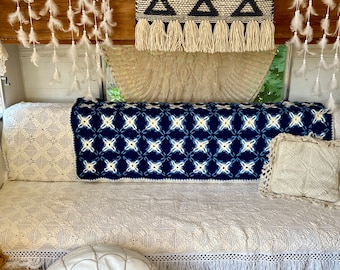 Unique Indigo Blue Granny Square Afghan, Vintage Flower Afghan, Vintage Throw, Crocheted Blanket, Crochet Throw, Snowflake Afghan, Lap Throw